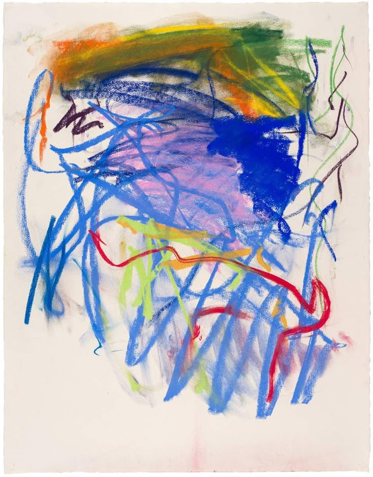 an abstract painting with blue, green, red, and yellow lines on white paper