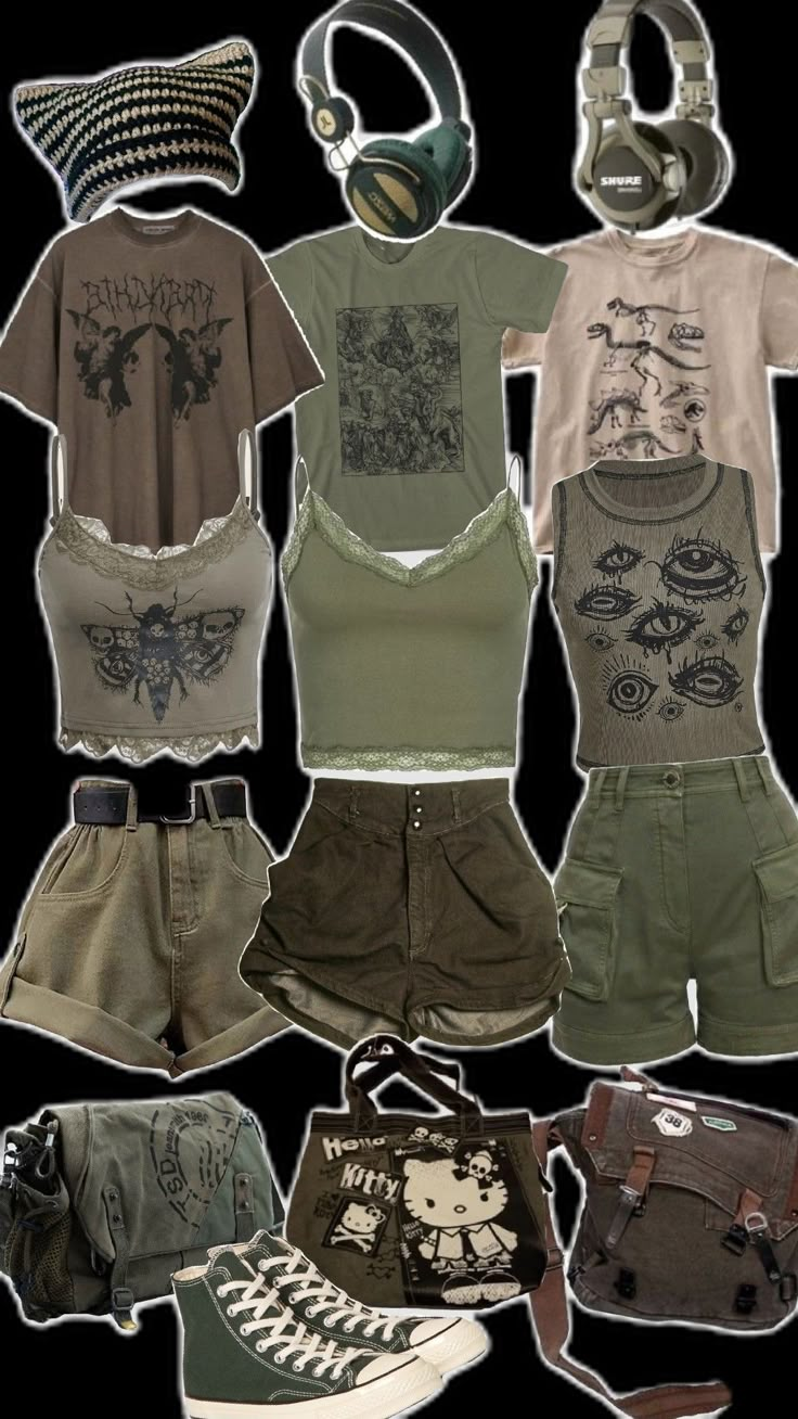 Baddie Core Outfits, Fairy Core Outfit Ideas, Goblin Core Summer Outfits, Therian Outfits For School, Fairy Core Grunge Outfits, Fairygrunge Outfit Ideas, Retro Aesthetic Outfit Ideas, Outfit Ideas 80s, Green Grunge Outfit