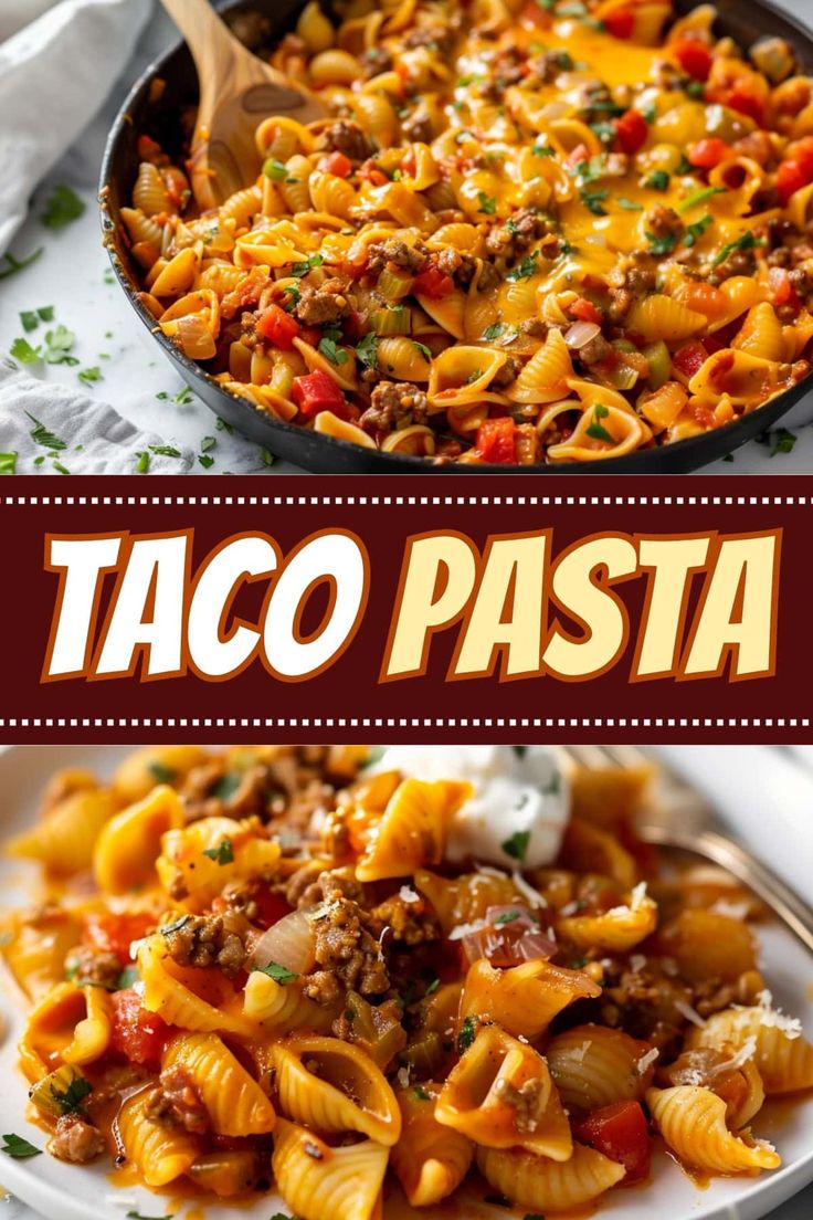 taco pasta on a white plate with a wooden spoon in it and the title overlay reads taco pasta