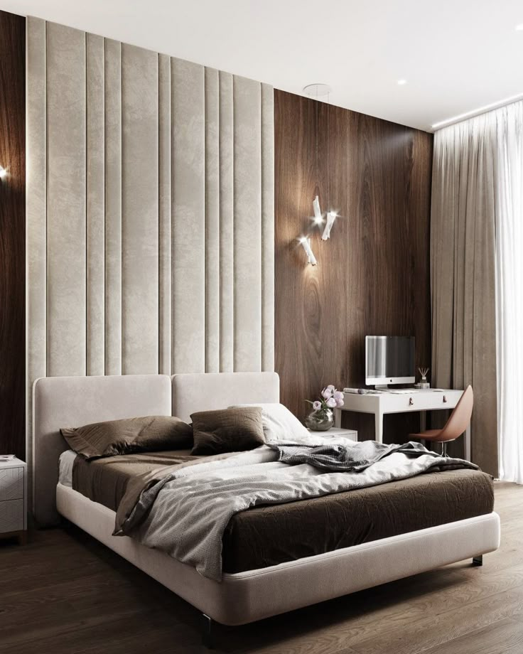 a bedroom with a large bed and wooden walls