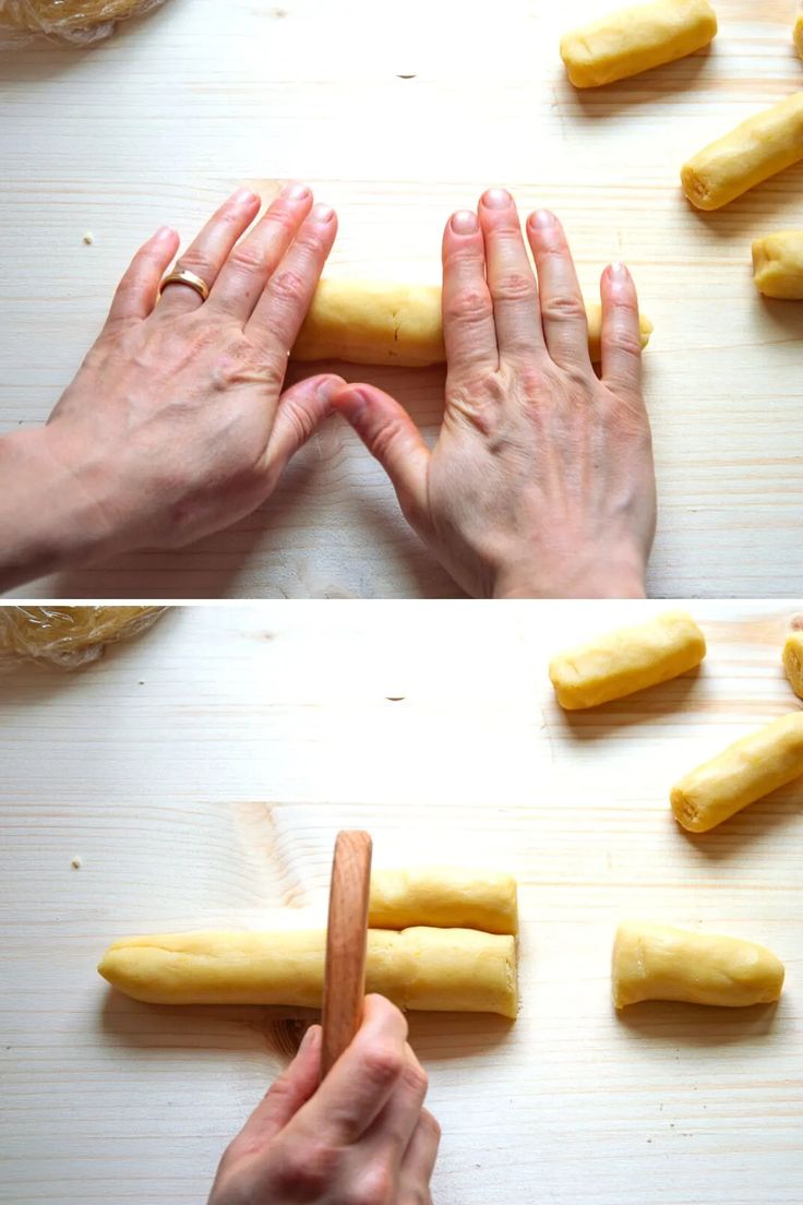 two pictures of hands rolling dough on a table