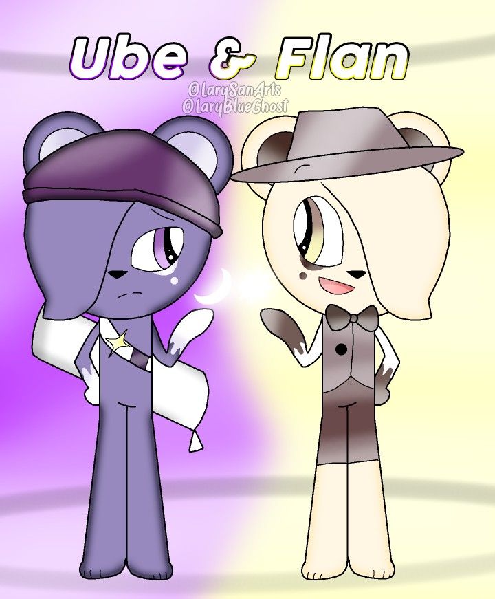 an image of two cartoon characters with the caption ube and flan on them