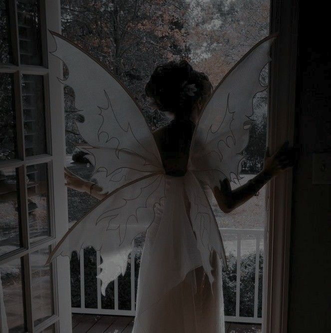 a woman dressed as a fairy standing in front of a window with her wings open