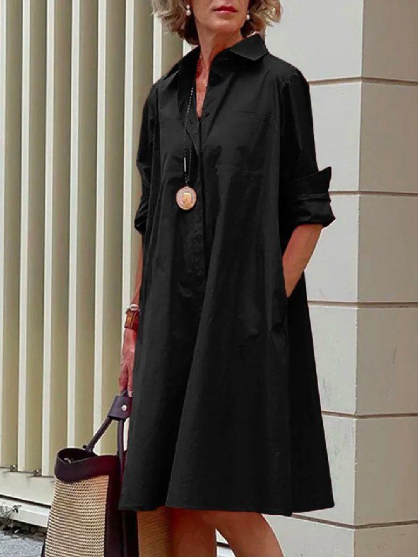 Simple Long Sleeves Solid Color Lapel Midi Dress Dress Sleeve Length, Collared Shirt Dress, Autumn Dress, Long Sleeve Print Dress, Shirt Dress Casual, Loose Outfit, Turndown Collar, Loose Style, 45 Years