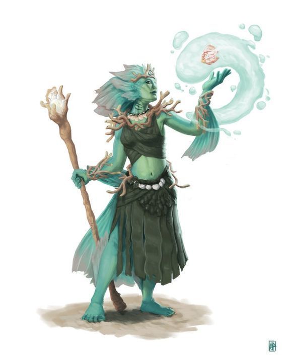 an illustration of a woman with blue hair and green skin holding a stick in her hand