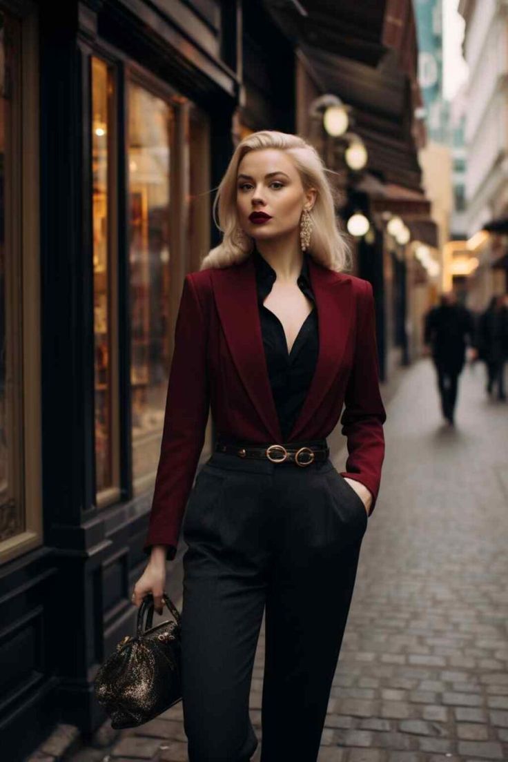 28 Women Introduce the Allure of Vintage Noir to Modern Minimalist Style (Concept Fashion) - Whatchawearing Buisnesscore Outfit Female, Vampire Business Woman, Red Black Clothes, Women All Black Outfit Classy, Black And Red Suits For Women, Vintage Noir Aesthetic, Soft Dramatic Office Style, Everyday Vampire Outfit, Woman Style 2024