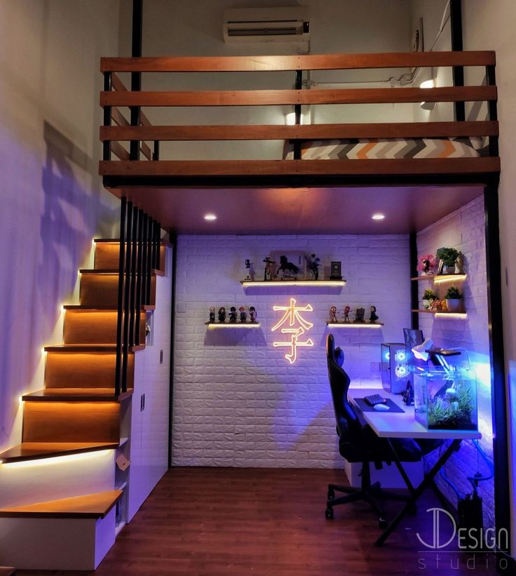 a room with some stairs and a desk in it