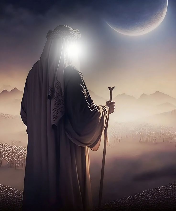 a man with a staff standing in front of a full moon and the sky behind him