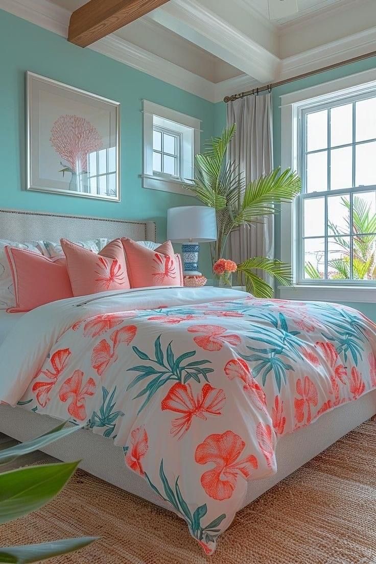 Cute Soft Room Ideas, Beach Glam Bedroom, Beach Bedding Coastal Style, Beach Bedrooms Coastal Style, Pink Beach Bedroom, Blue And Pink Room Aesthetic, Beach Apartment Aesthetic, Pink Beachy Room, Bedroom Ideas Beachy