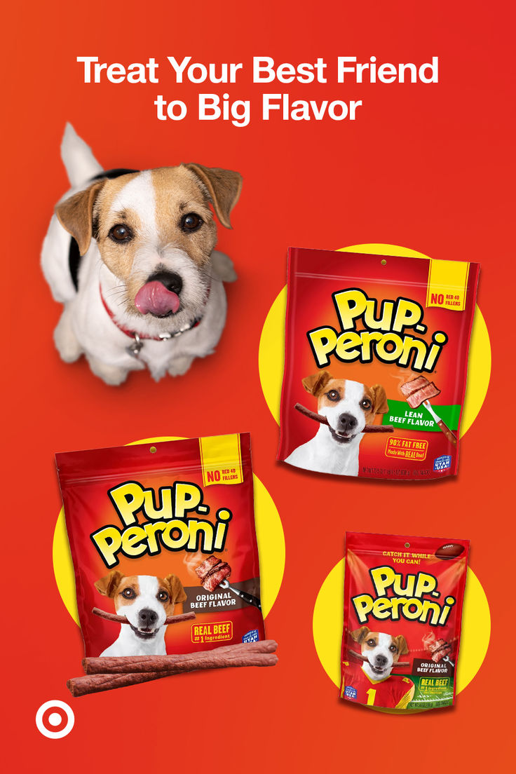 three bags of pur petni dog treats on a red background with the words treat your best friend to big flavor