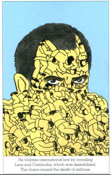 an image of a man with many faces covered in yellow objects and the caption, he wants international law by providing loote and conflict which was