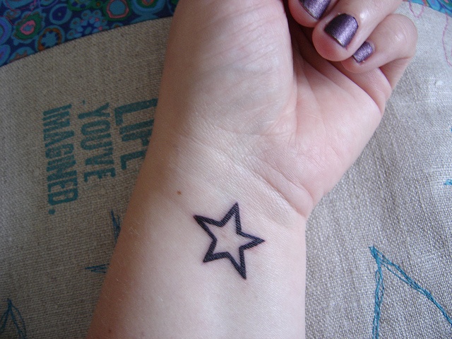 a woman's wrist with a small star tattoo on the left side of her arm