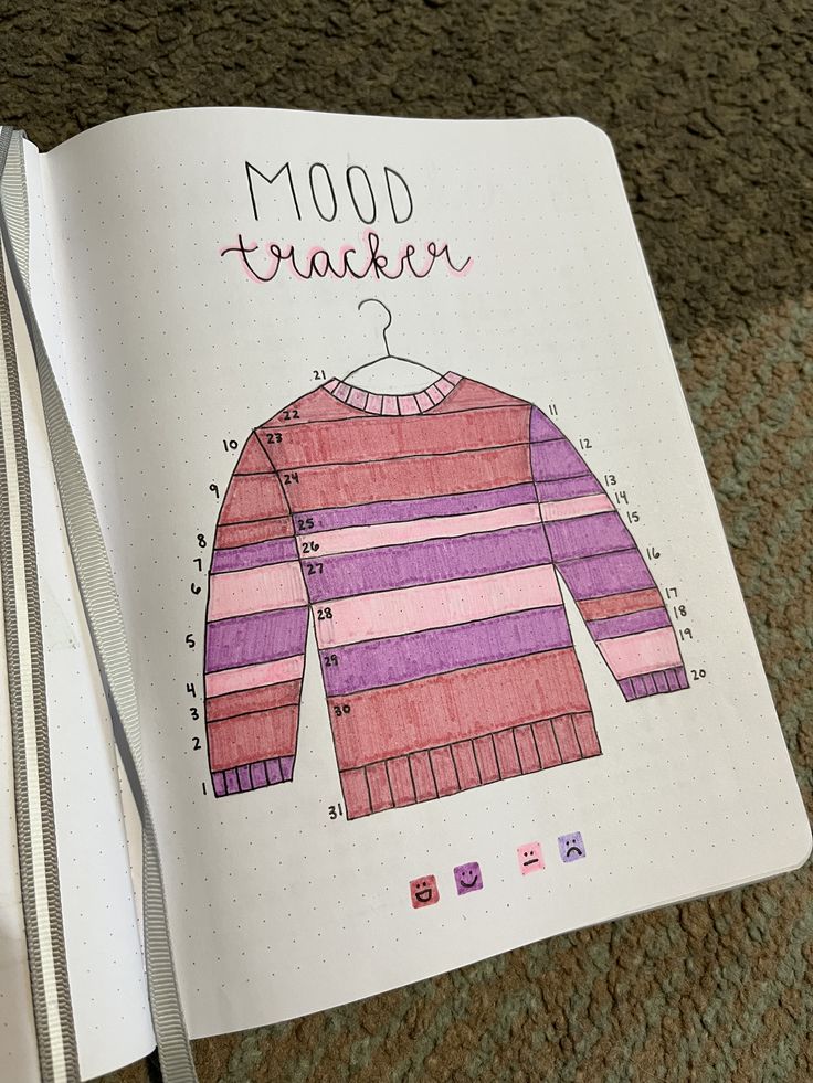 an open notebook with a drawing of a sweater on it and the words mood trackerr