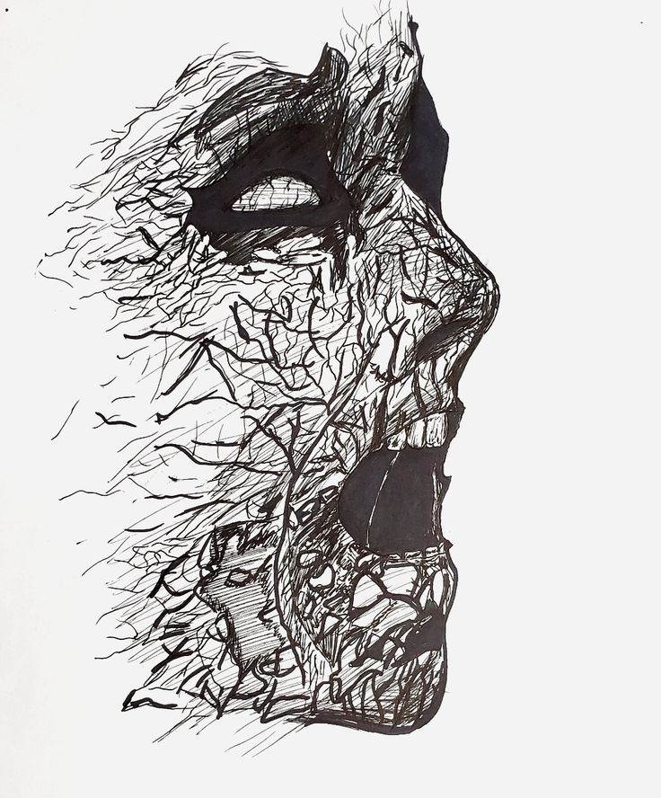 a black and white drawing of a person's face with hair blowing in the wind