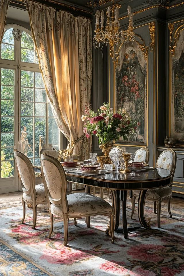 an elegant dining room with ornate wallpaper and chandelier