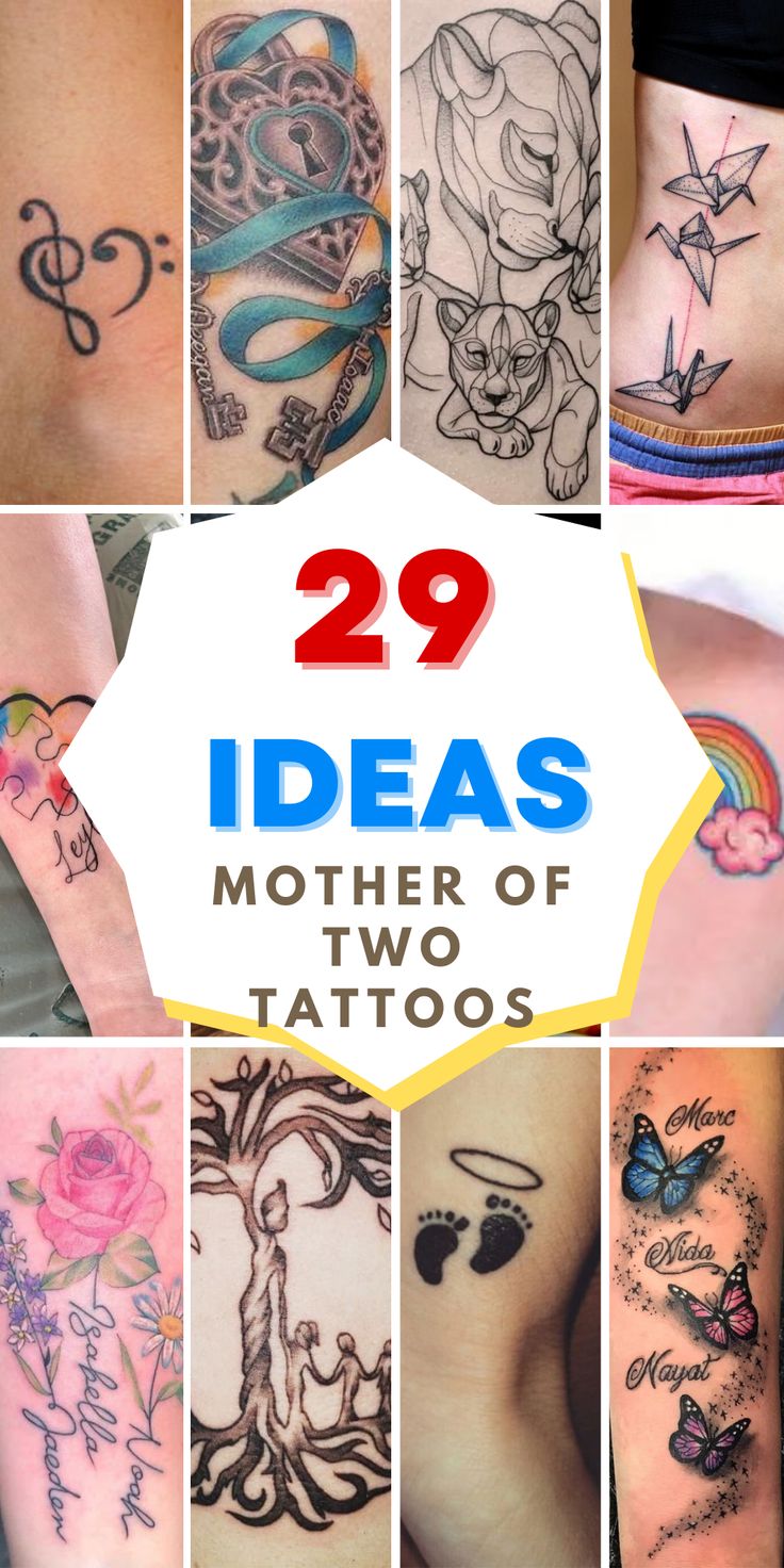 many different tattoos are shown with the words 29 ideas for mother of two tattoos on them