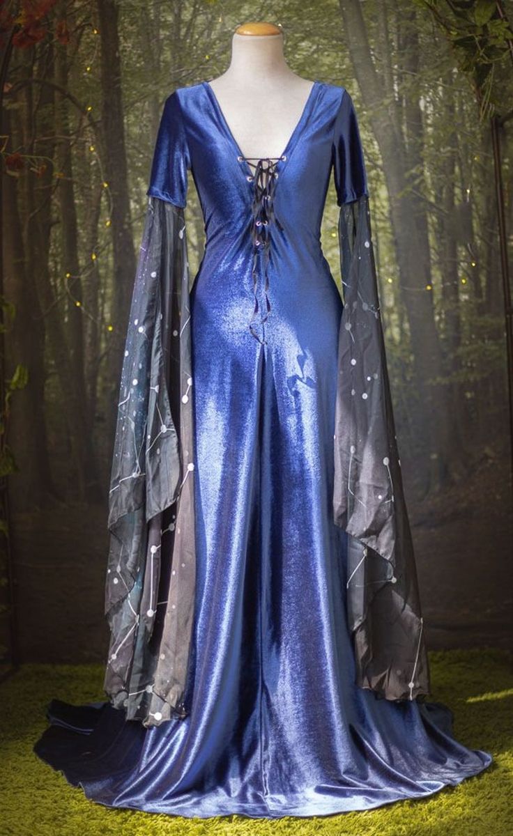 Fairytale Fitted Corset Dress For Party, Fairytale Party Fitted Corset Dress, Fitted Elven Dresses For Cosplay, Elven Fitted Corset Dress For Costume Party, Fitted Elven Corset Dress For Costume Party, Elven Style Fitted Floor-length Dress, Blue Fitted Gothic Medieval Dress, Fitted Gothic Medieval Dress In Blue, Fitted Blue Gothic Medieval Dress