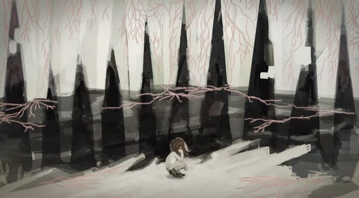 an abstract painting with black and white trees in the foreground, pink lines on the background