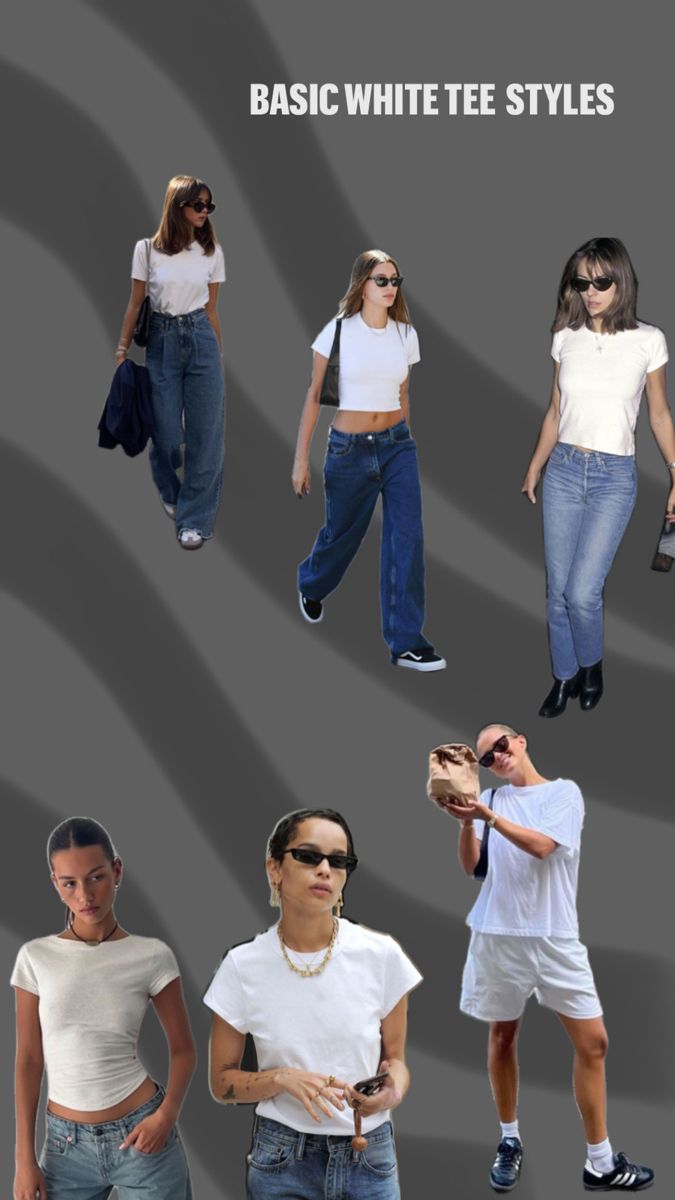 Women with white tee, T-shirt style, basis style guide, casual look inspo Jeans And White Top, Outfit Inspo Basic, Moodboards Fashion, Cropped Outfits, Crop Top Style, Basic White Tee, Shirt Crop Top, Outfit Jeans, My Vision Board