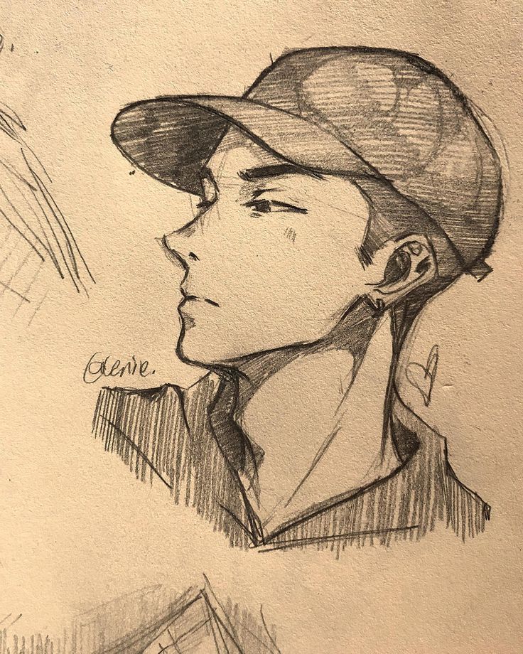 a drawing of a young man wearing a baseball cap and looking off to the side