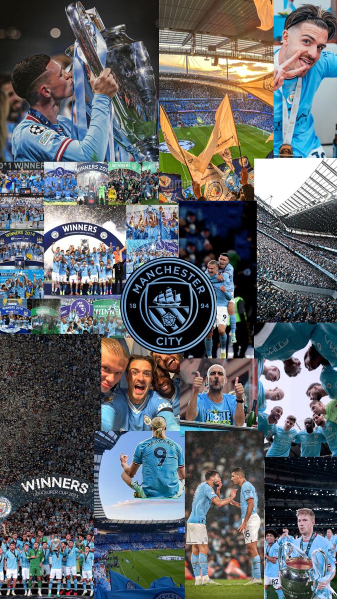 the collage shows many different pictures of soccer players and their trophies, including one man holding