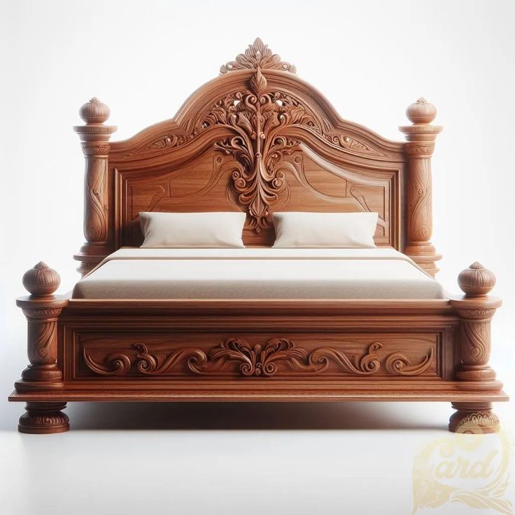 a wooden bed with white sheets and pillows