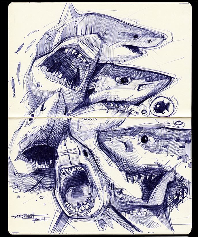 two drawings of shark heads with their mouths open