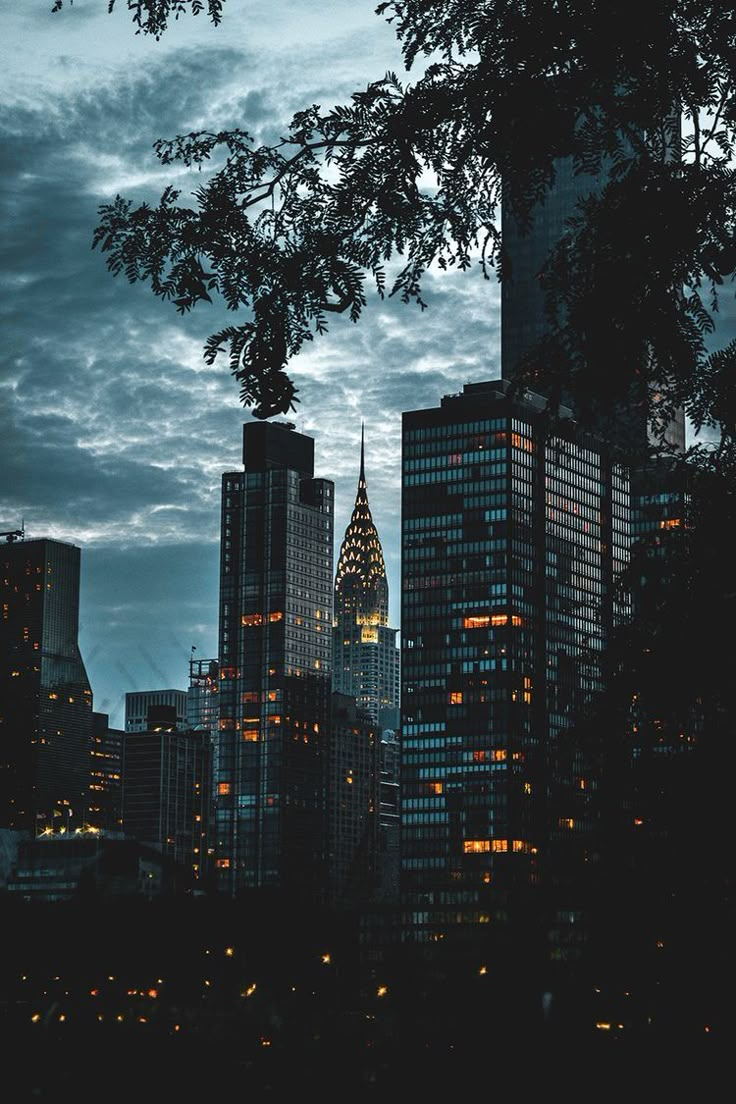 the city skyline is lit up at night, with skyscrapers in the foreground