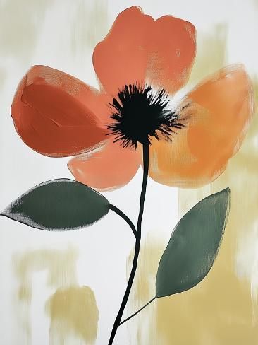 an orange flower with green leaves is shown in this abstract floral painting by artist susan grisell