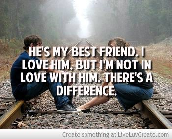 two people sitting on train tracks with the words he's my best friend i love him, but i'm not in love with him, there's a difference