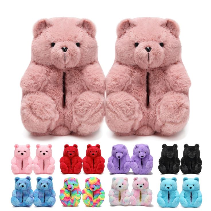 two teddy bears sitting next to each other with different colors and shapes on the back