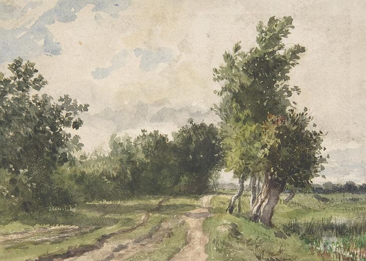 a painting of a dirt road with trees on either side