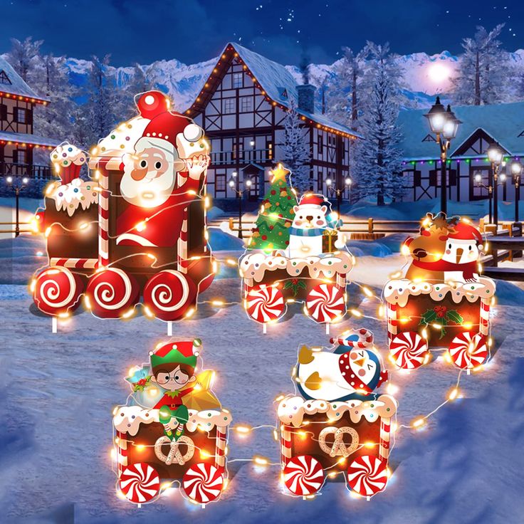 PRICES MAY VARY. ✔️【VALUABLE PACK】The Christmas train decoration has 5 carriages with a Christmas tree, Santa, elf, snowman, penguin, elk and kinds of Christmas gifts, busy from door to door giving gifts and Christmas blessings. With 23ft string of LED lights, great for your outside Christmas Eve yard decorations. ✔️【PREMIUM MATERIAL】These LED yard Christmas train decorations are made of sturdy plastic, withstand waterproof and weather-resistant, durable and reusable. The fairy lights are made o Santas Workshop Theme Decorations, Christmas Yard Ideas, Christmas Decor Shop, Elf Snowman, Train Yard, Christmas Train Set, Holiday Yard Decorations, Best Christmas Decorations, Merry Christmas Decor