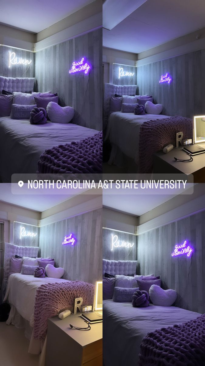 three pictures of a bedroom with purple lighting