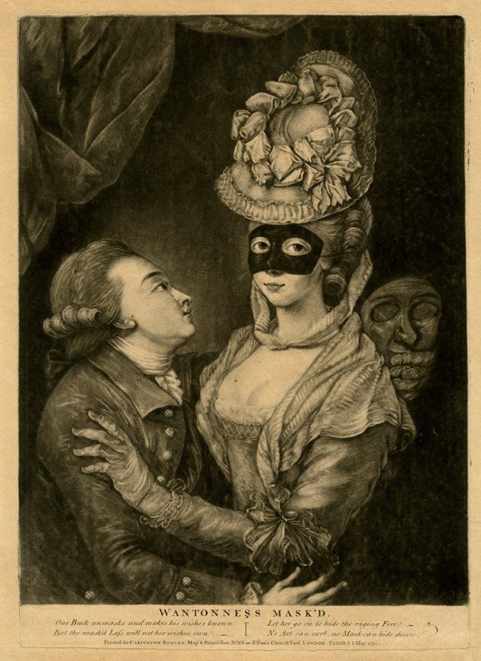 an old drawing of two people wearing masks