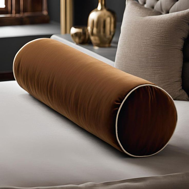 a large brown pillow sitting on top of a bed next to pillows and gold vases