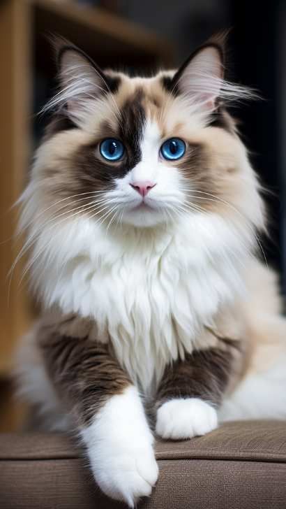 a fluffy cat with blue eyes sitting on a couch