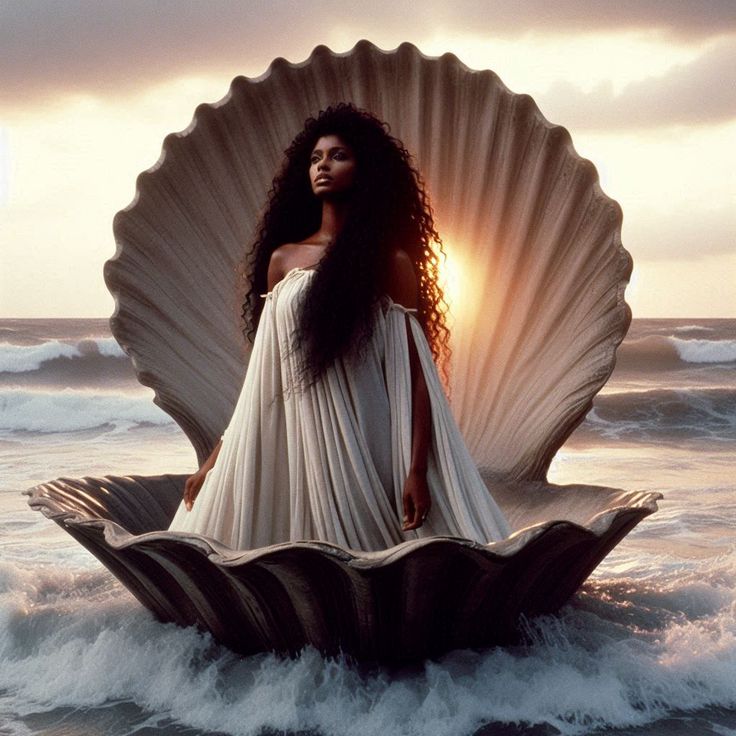 a woman in a white dress standing on top of a large shell