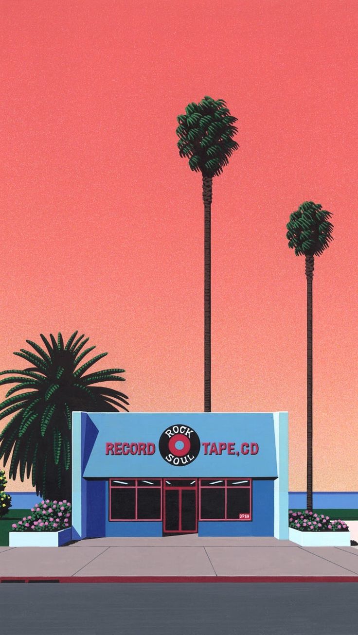 a painting of a record tape store with palm trees in the foreground and a pink sky behind it