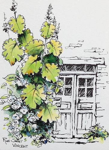 a drawing of a door and some flowers