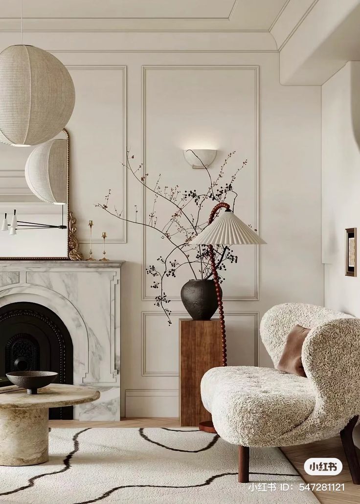 an elegant living room with white walls and furniture