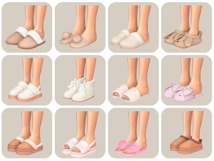 nine pairs of shoes with different types of slippers on the soles and feet