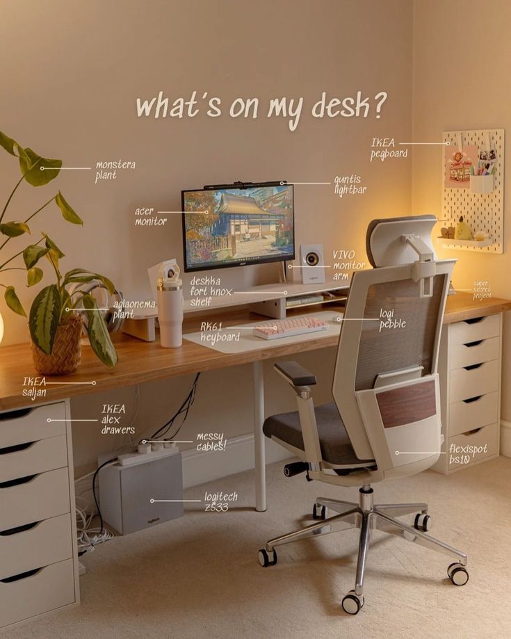 Gaming And Study Desk Setup, Desk For Apartment, Light Wood Desk Setup, Big Desk Setup, Desk Table Ideas, At Home Desk Set Up, Cute Desk Organization Ideas, Desk Ideas For Bedrooms, Dream Office Home