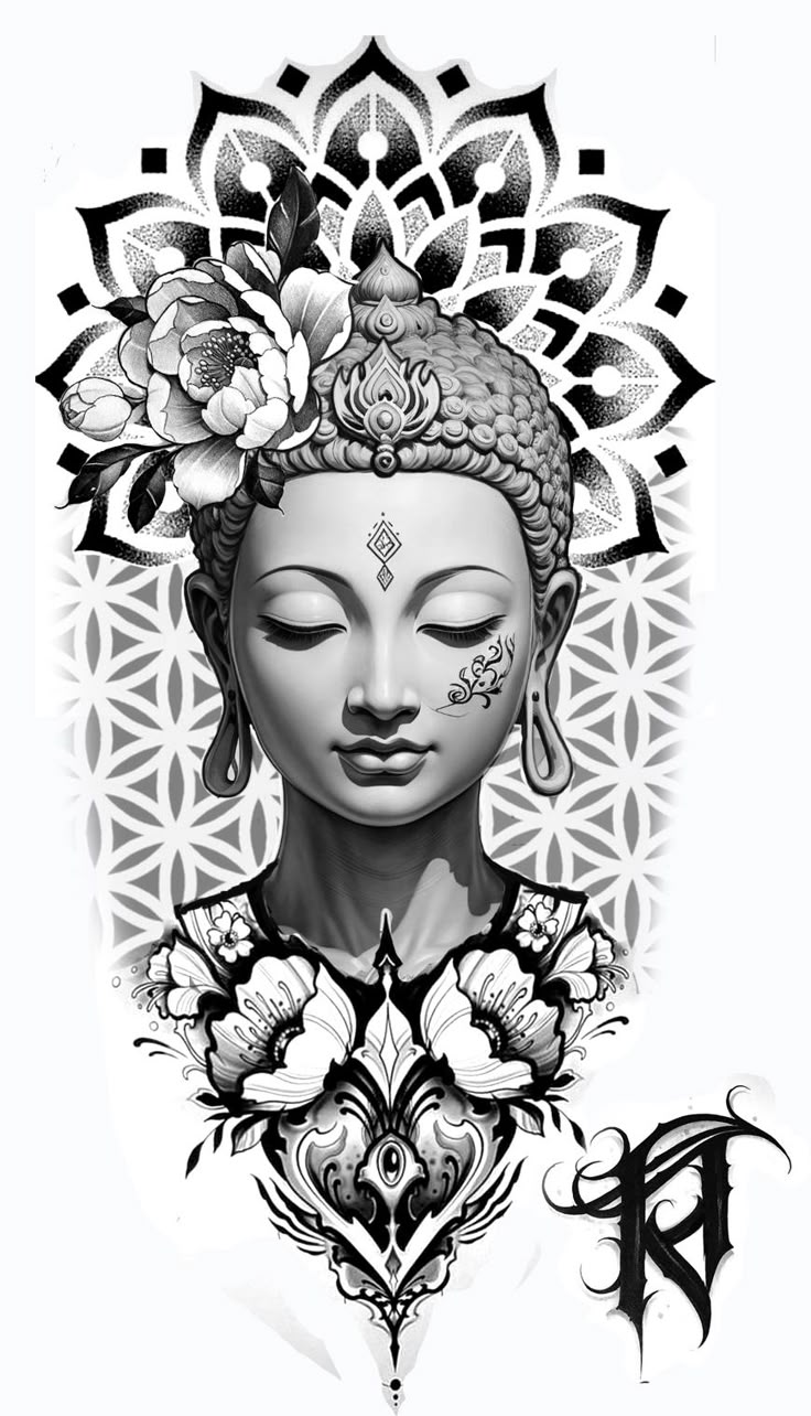 a drawing of a buddha with flowers on her head and the letter p in front of it