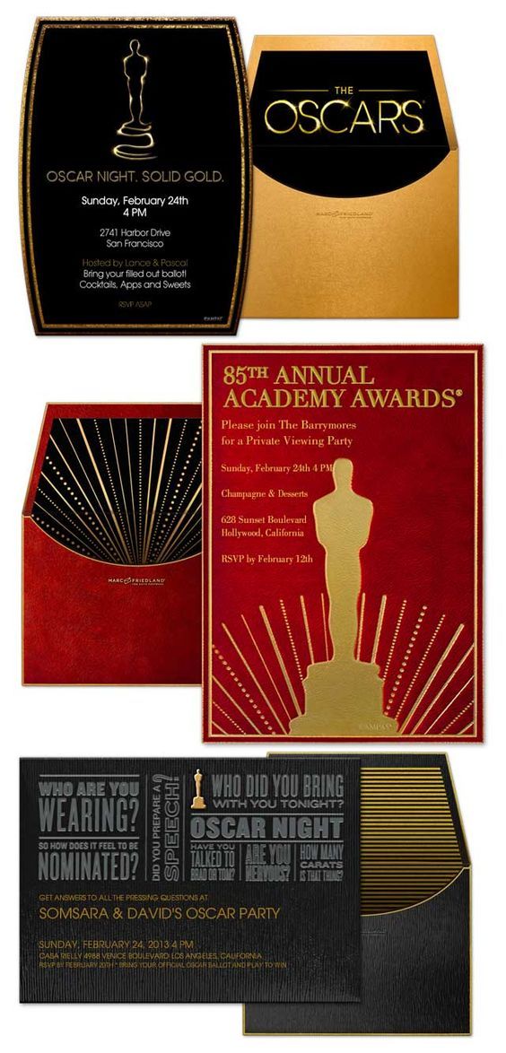 an oscar awards party with red and gold cards, black envelopes and silver foil