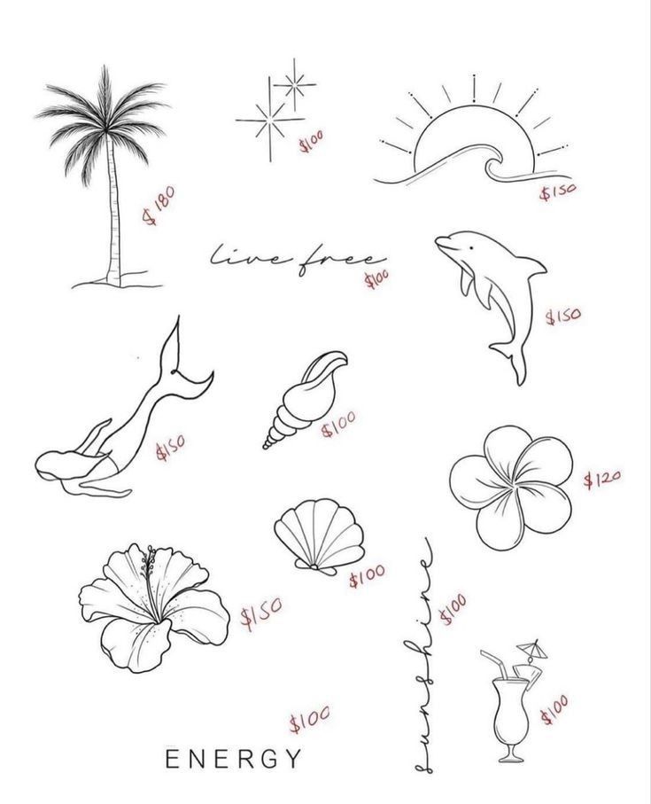 a drawing of different types of flowers and palm trees with the words energy written on them