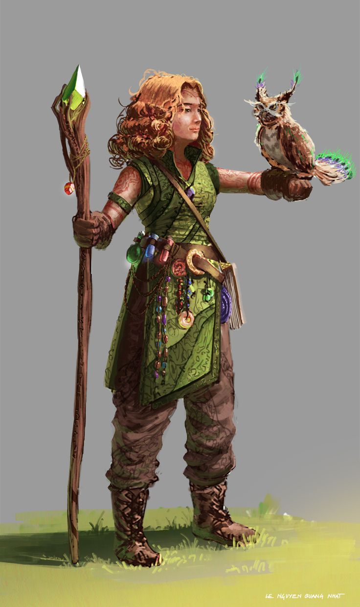 a woman with an owl on her arm holding a stick and a bird in her hand