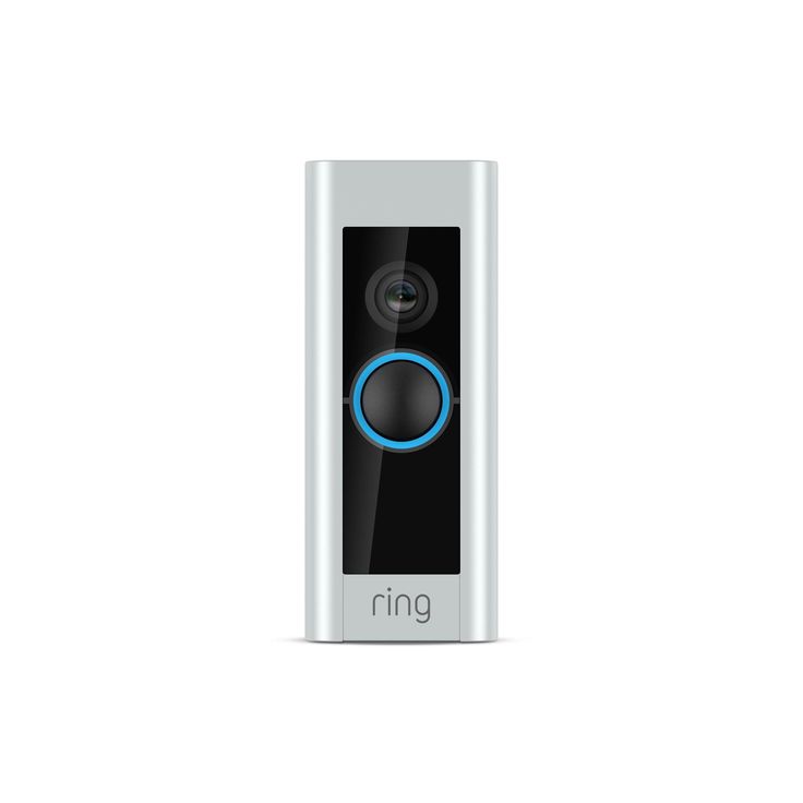 the ring video door phone is shown in silver and has a blue light on it