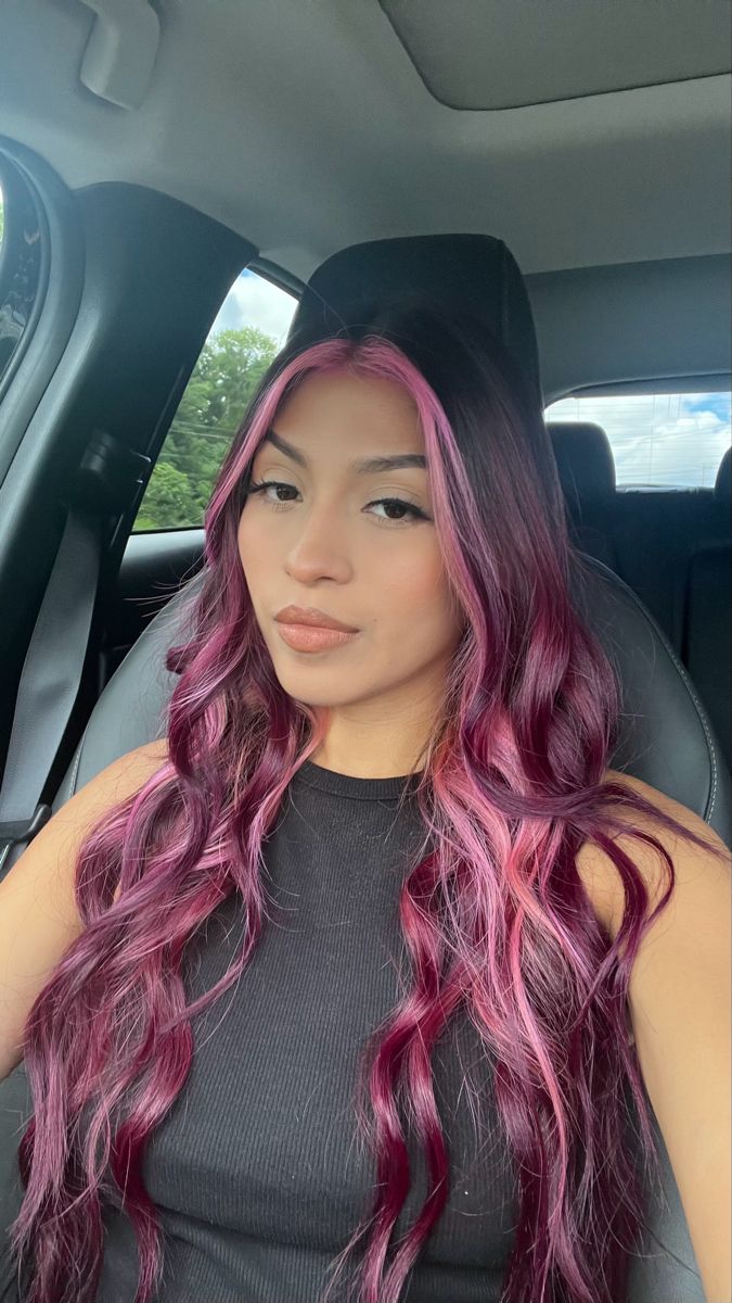 Cute Hair Colors Colorful, Pink Balayage Red Hair, Pink Hair On Brunette Dark Brown, Burgandy Hair With Pink Money Piece, Burgundy Hair With Black Underneath, Pink And Burgandy Hair, Hair Dye Ideas For Brunettes Straight, Burgundy Magenta Hair, Red Violet Hair With Money Piece