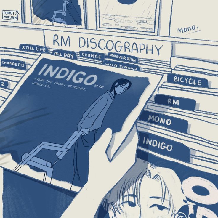 an illustration of a person holding up a book with the title indigoo on it